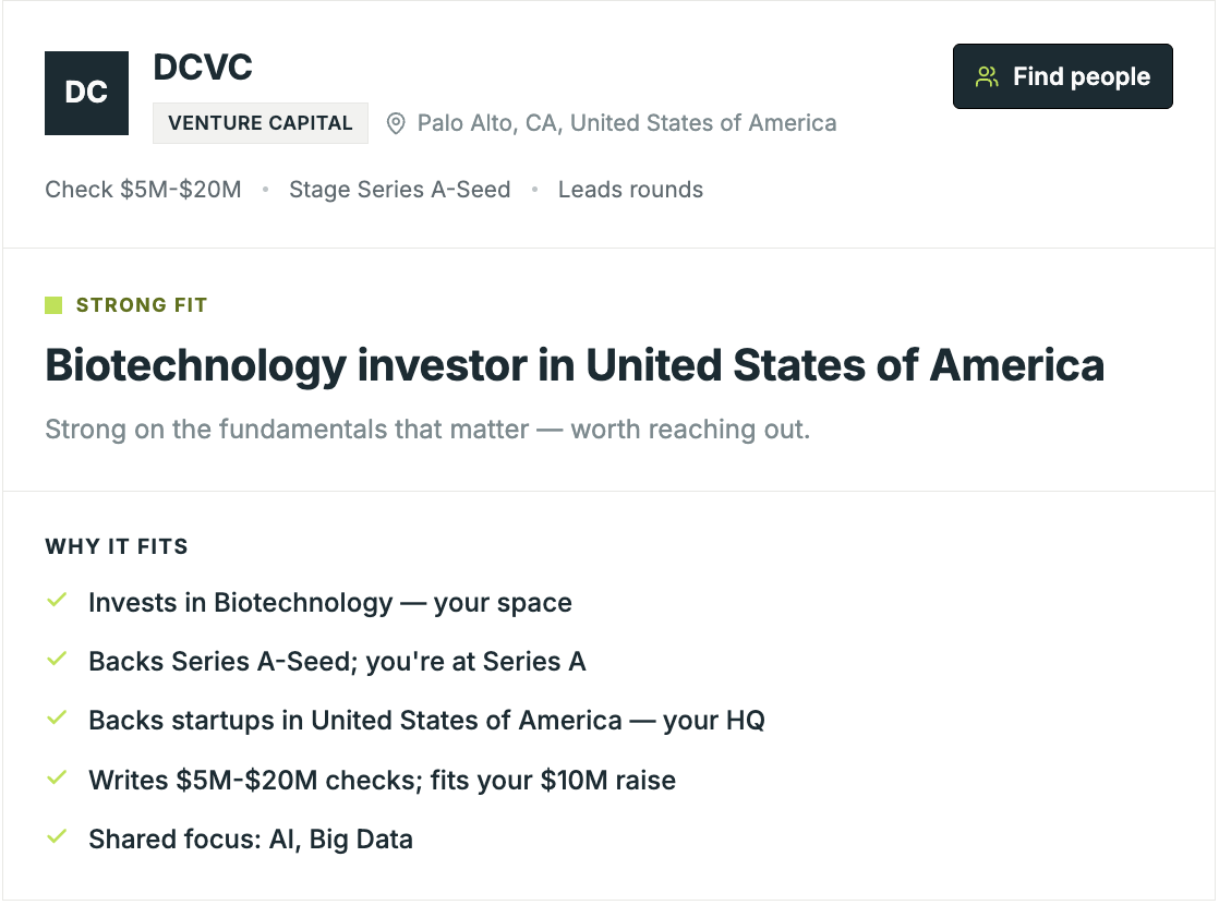 Investment firm profile card showing why it is a strong fit