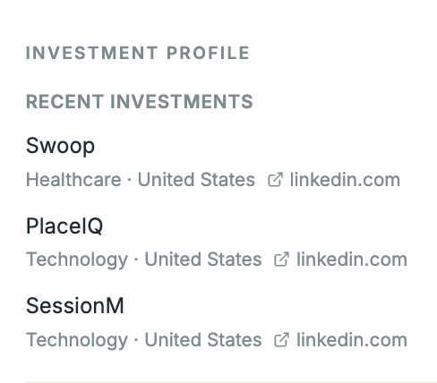 Recent investments made by the matched investor